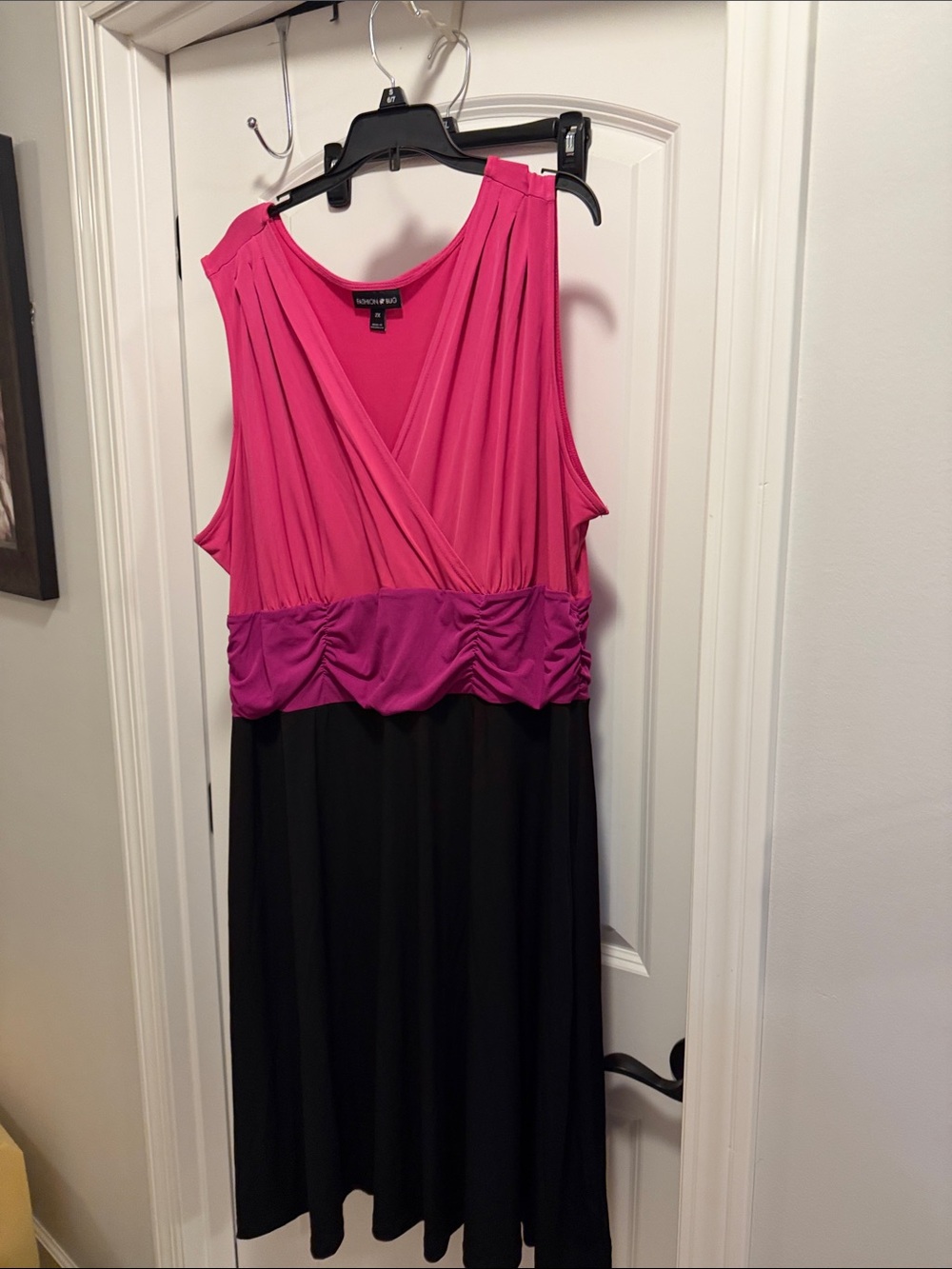 Fashion Bug Hot Pink and Black Sleeveless V-Neck Midi Dress